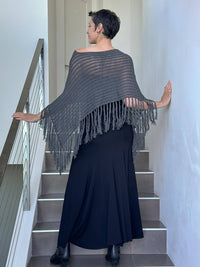 caraucci gray hand-knit cotton fringe poncho #color_charcoal