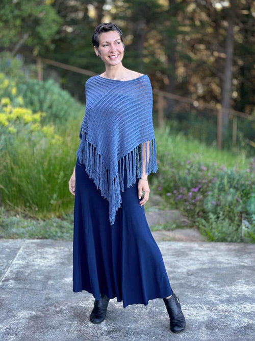 caraucci denim blue hand-knit cotton fringe poncho #color_denim