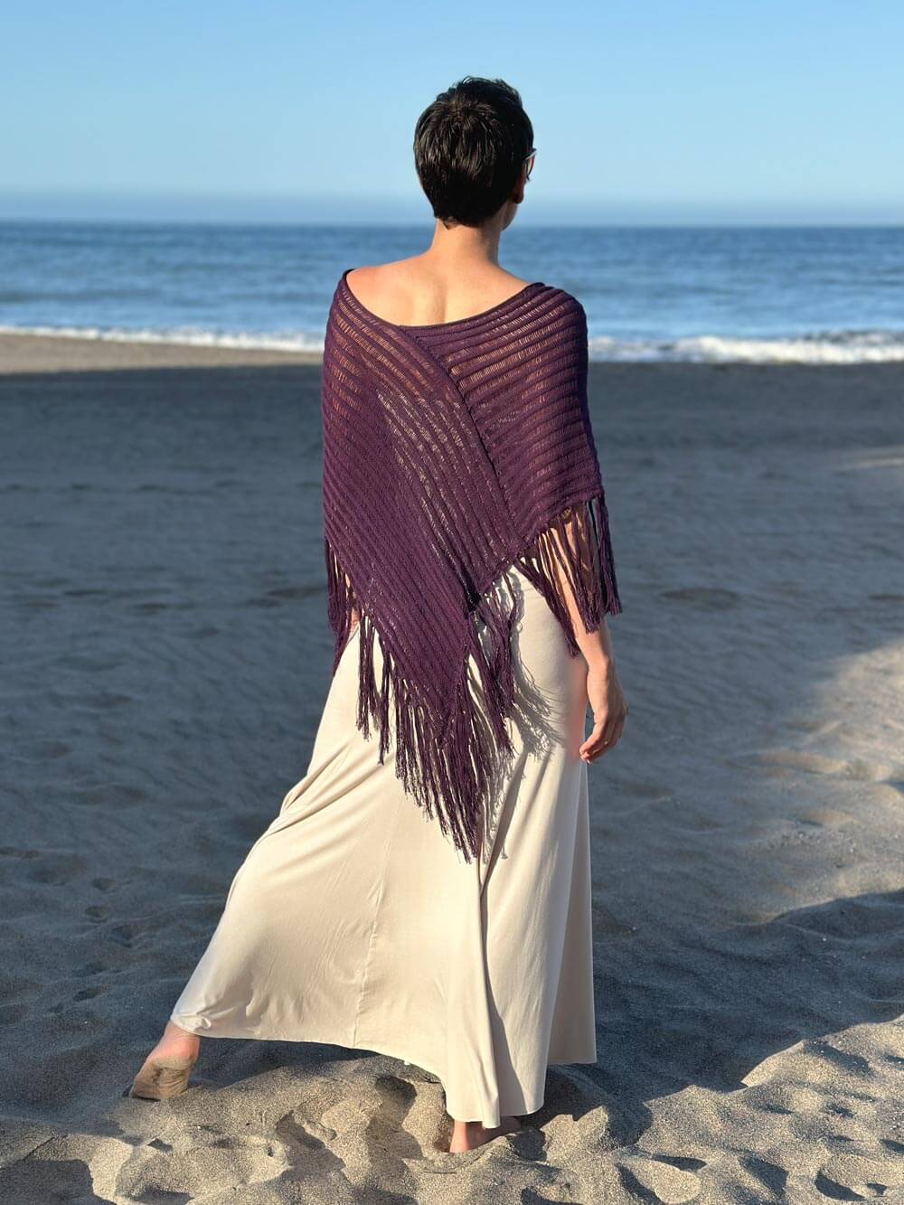 caraucci purple hand-knit cotton fringe poncho #color_eggplant