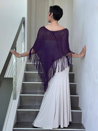 caraucci purple hand-knit cotton fringe poncho #color_eggplant