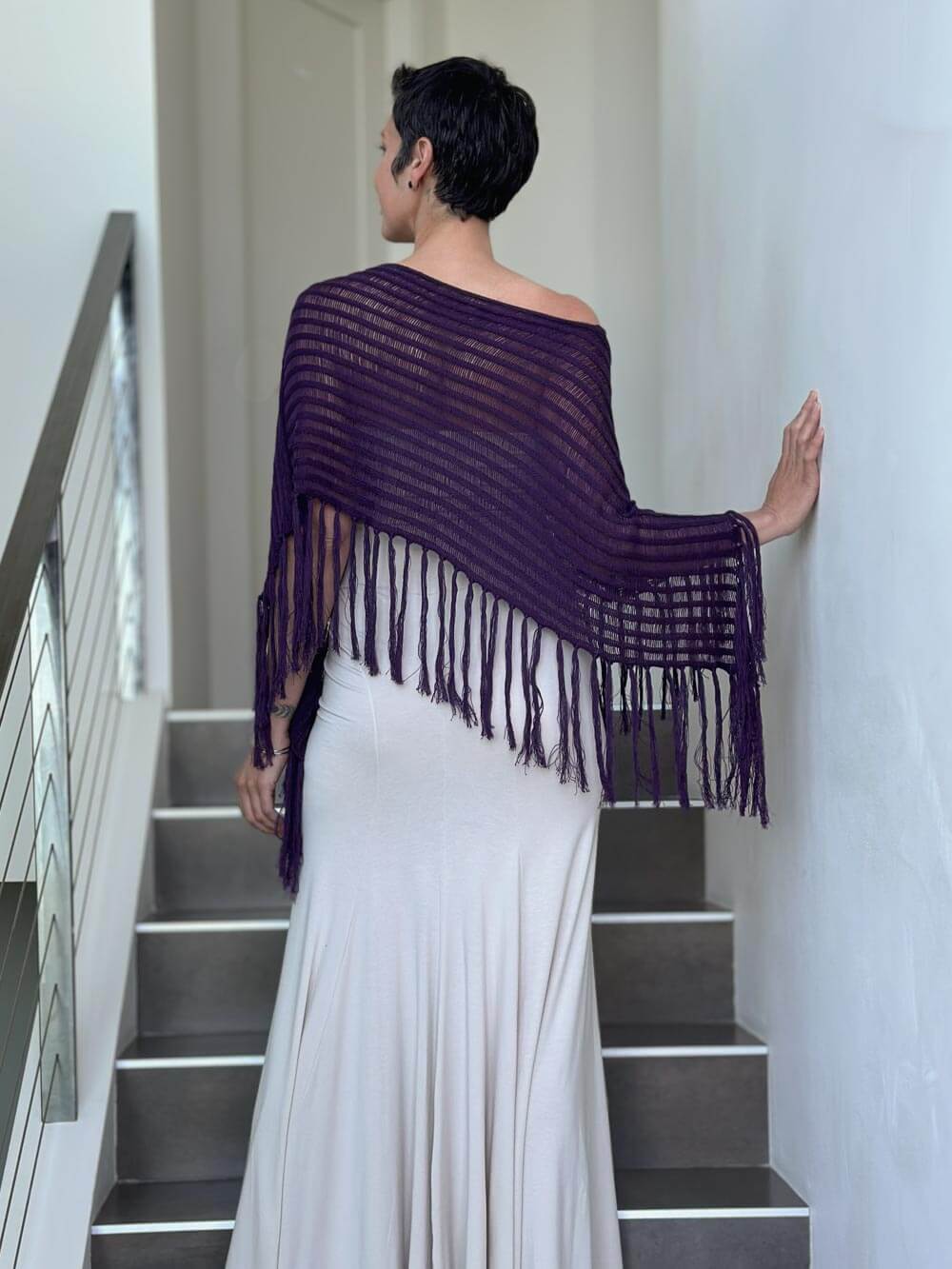 caraucci purple hand-knit cotton fringe poncho #color_eggplant
