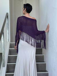 caraucci purple hand-knit cotton fringe poncho #color_eggplant
