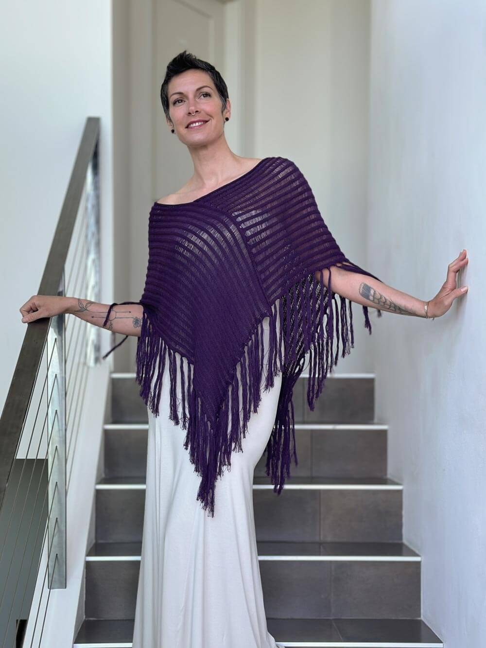 caraucci purple hand-knit cotton fringe poncho #color_eggplant