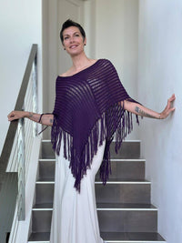 caraucci purple hand-knit cotton fringe poncho #color_eggplant