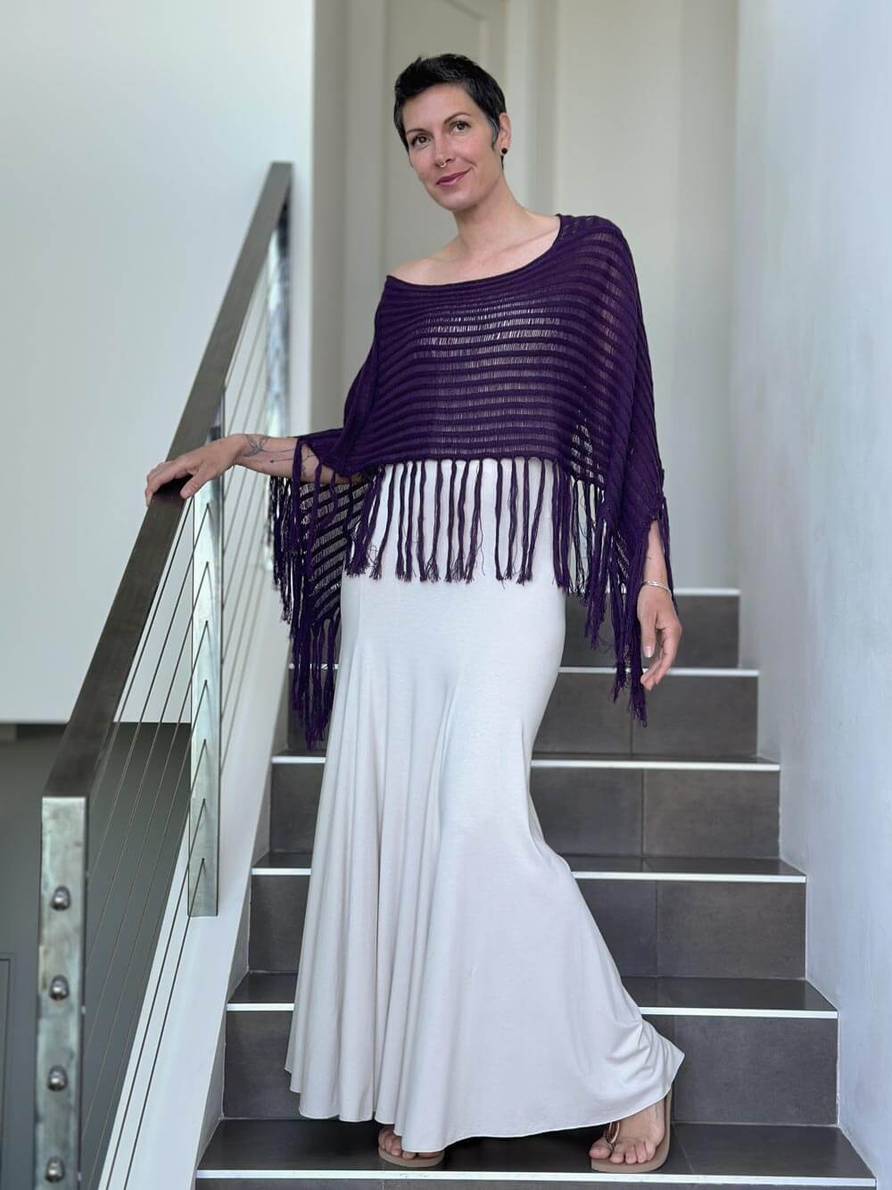 caraucci purple hand-knit cotton fringe poncho #color_eggplant