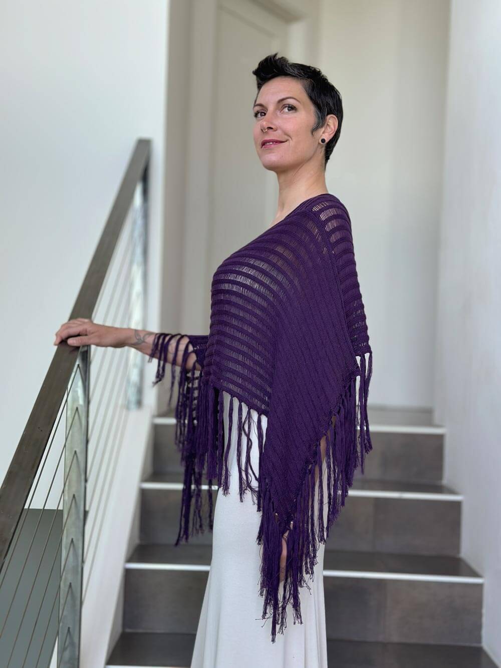 caraucci purple hand-knit cotton fringe poncho #color_eggplant