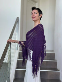 caraucci purple hand-knit cotton fringe poncho #color_eggplant