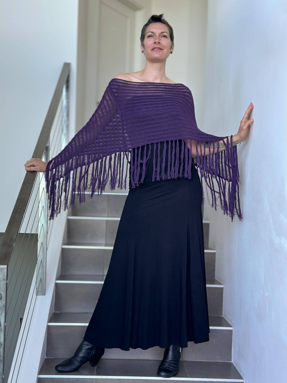 caraucci purple hand-knit cotton fringe poncho #color_eggplant