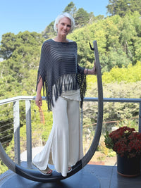 caraucci gray hand-knit cotton fringe poncho #color_charcoal