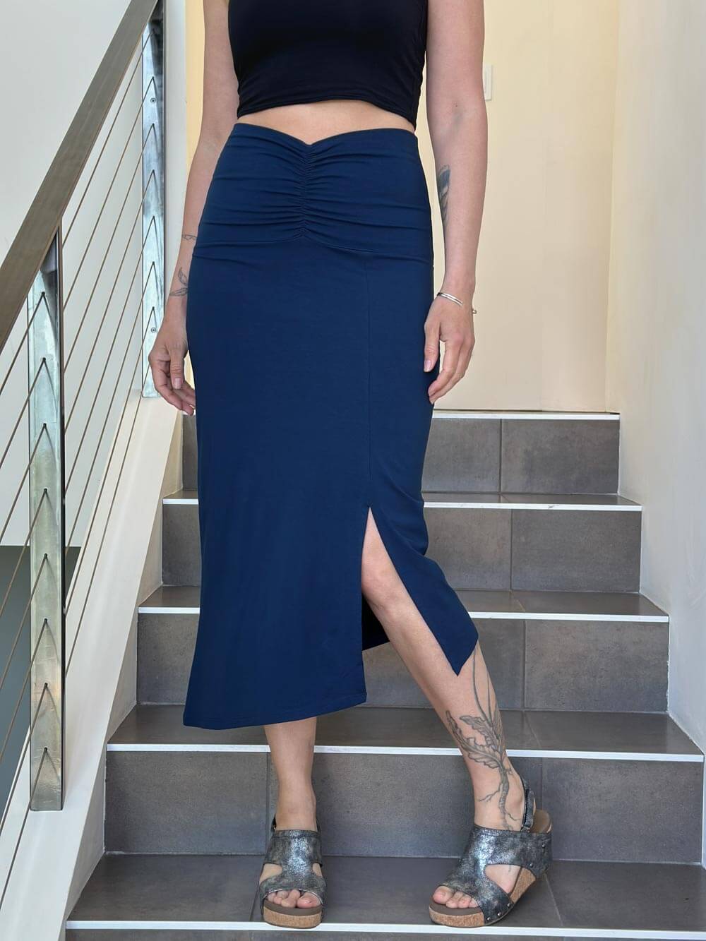 caraucci navy blue ruched waist midi slit skirt #color_navy