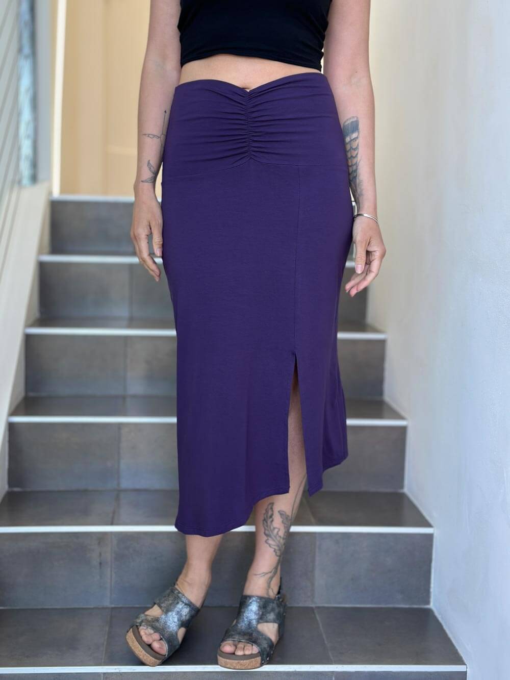 caraucci purple ruched waist midi slit skirt #color_plum
