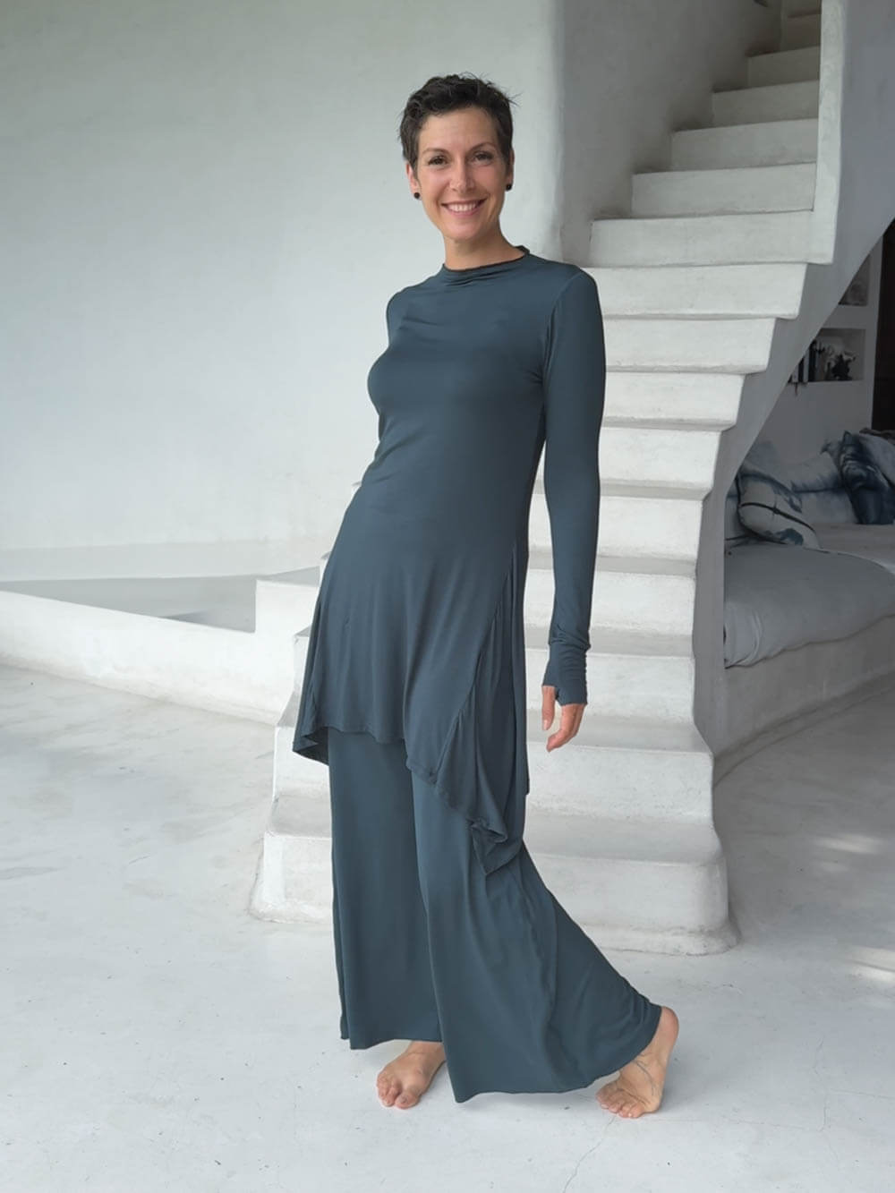 caraucci high neck teal high neck long sleeve swing tunic with thumbholes #color_teal