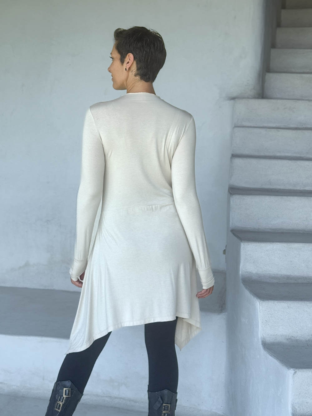 caraucci high neck cream high neck long sleeve swing tunic with thumbholes #color_cream