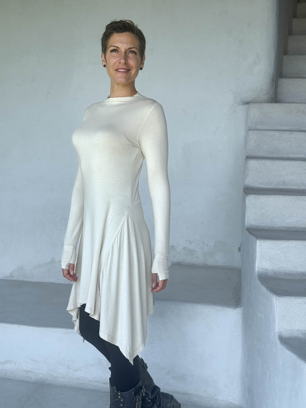 caraucci high neck cream high neck long sleeve swing tunic with thumbholes #color_cream