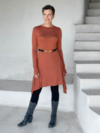 caraucci high neck orange high neck long sleeve swing tunic with thumbholes #color_copper