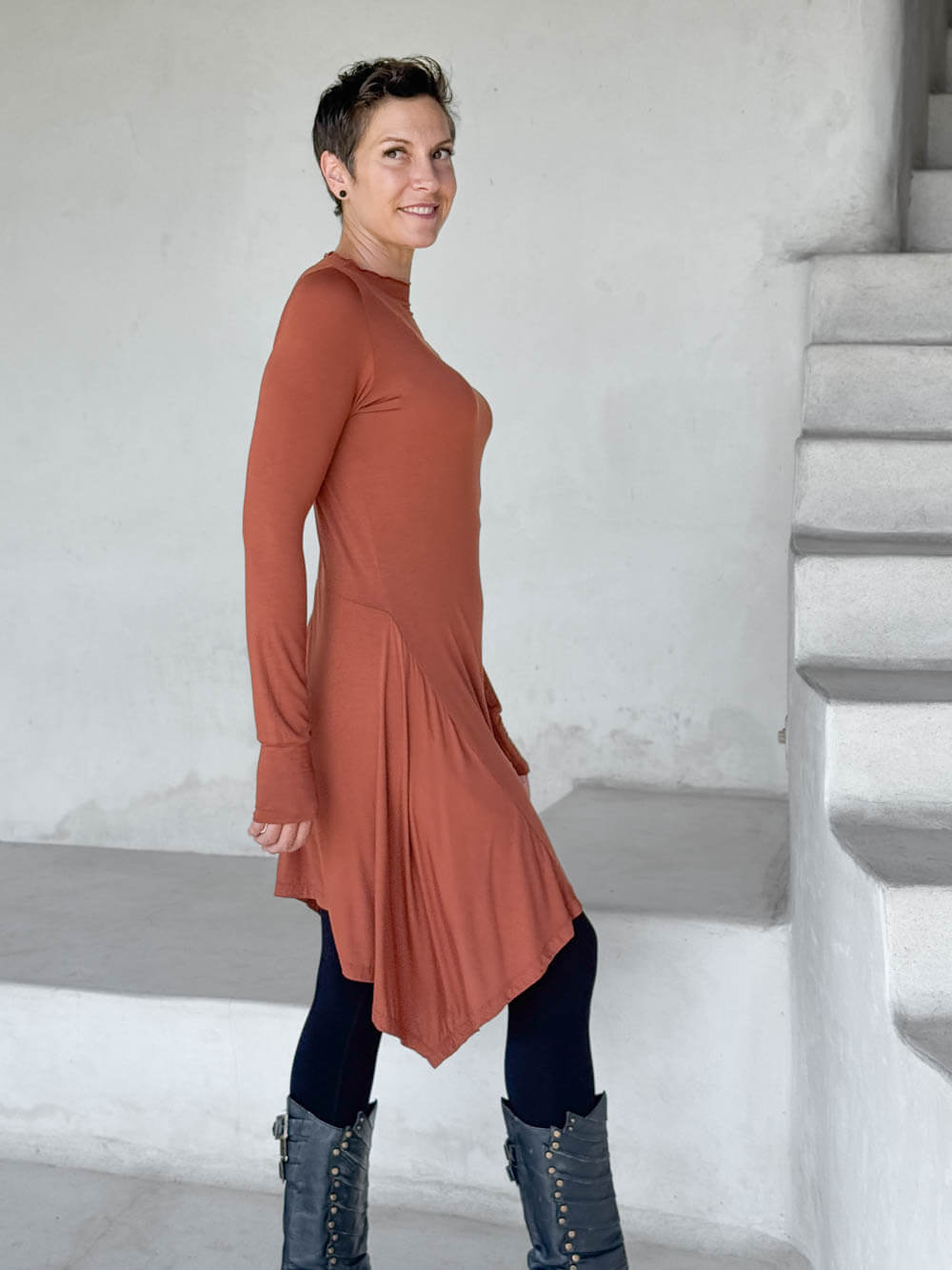 caraucci high neck orange high neck long sleeve swing tunic with thumbholes #color_copper
