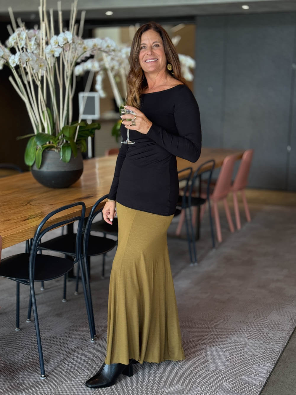 women's plant based rayon jersey stretchy golden brass color hourglass convertible maxi skirt and dress #color_brass