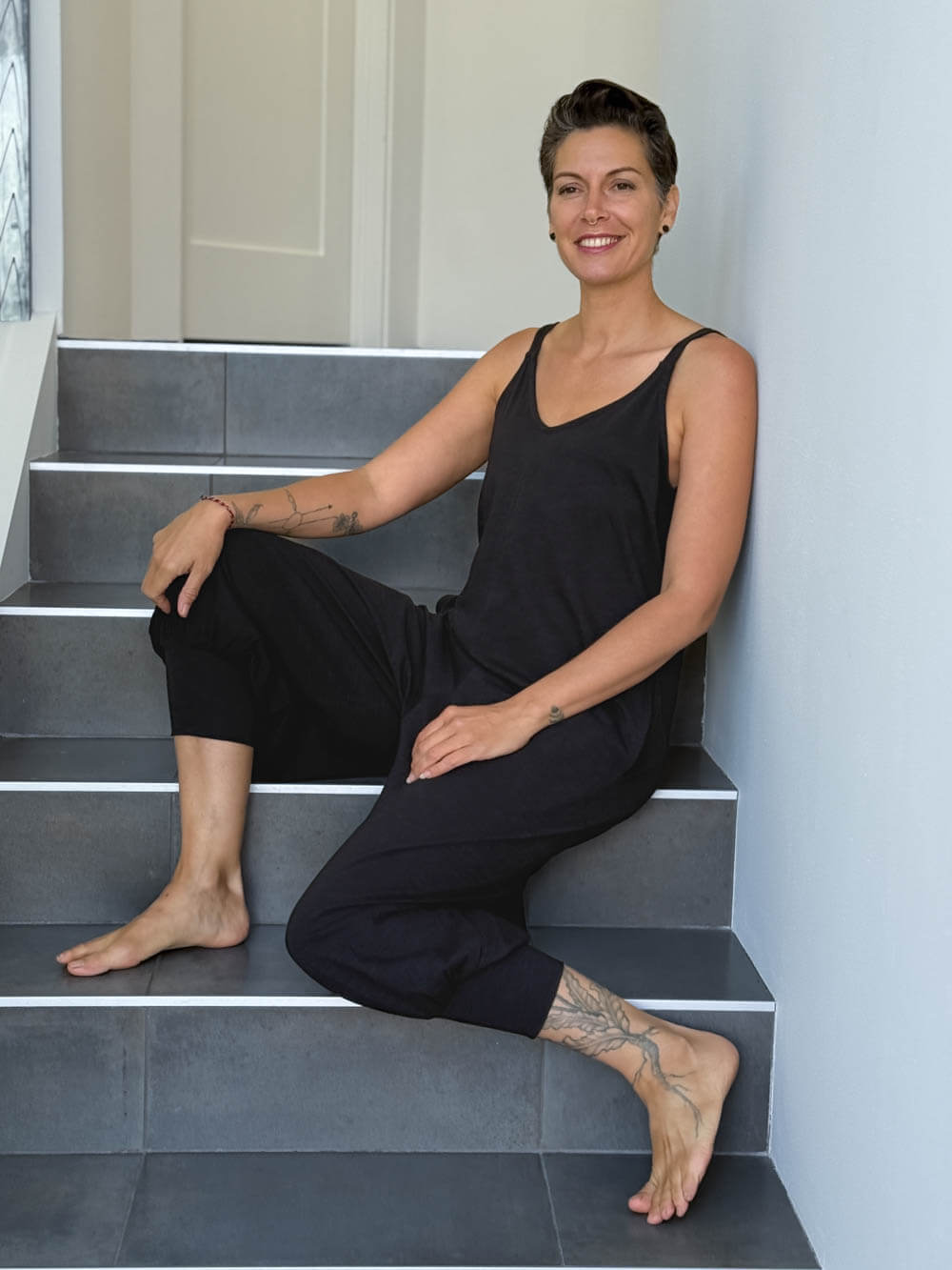 caraucci black cotton one-piece jogger leg jumper #color_black