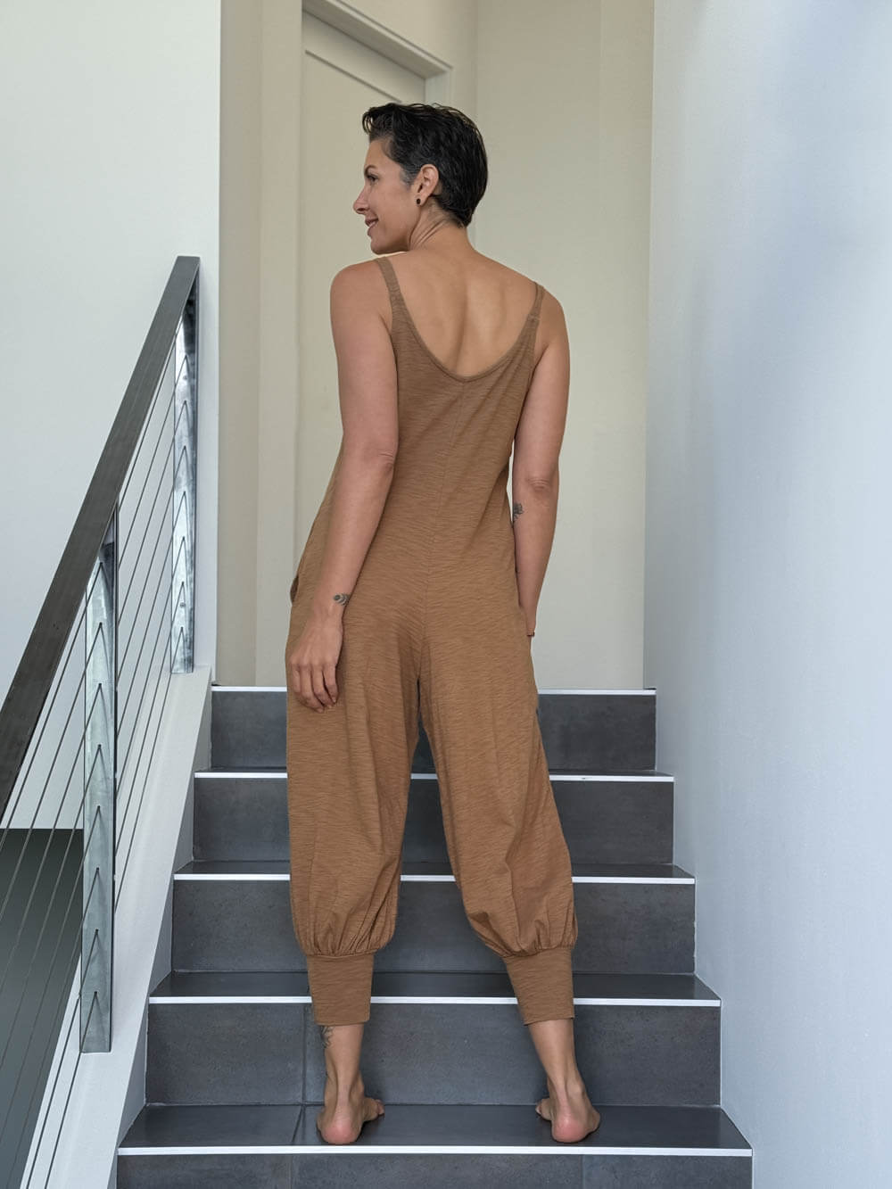 caraucci camel colored cotton one-piece jogger leg jumper #color_camel