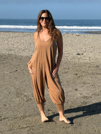 caraucci camel colored cotton one-piece jogger leg jumper #color_camel