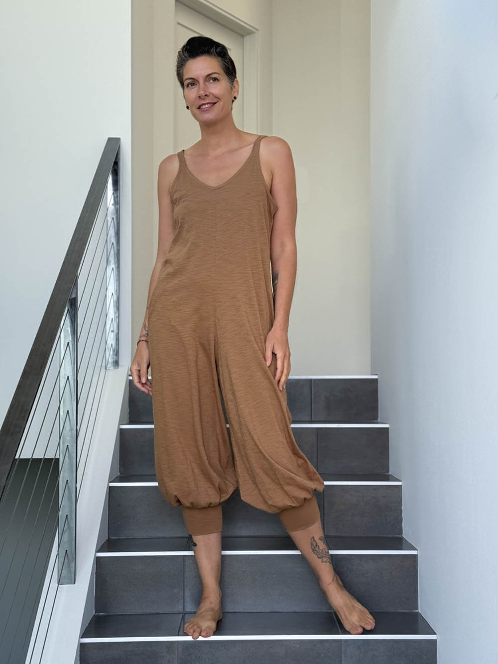 caraucci camel colored cotton one-piece jogger leg jumper #color_camel