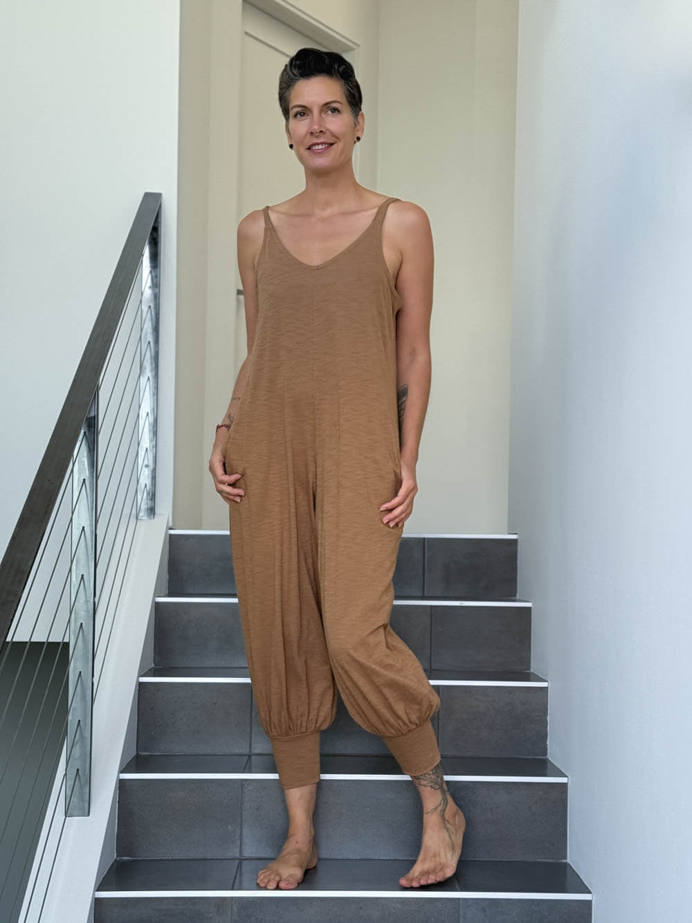 caraucci camel colored cotton one-piece jogger leg jumper #color_camel