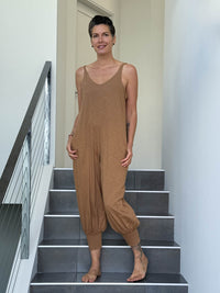 caraucci camel colored cotton one-piece jogger leg jumper #color_camel