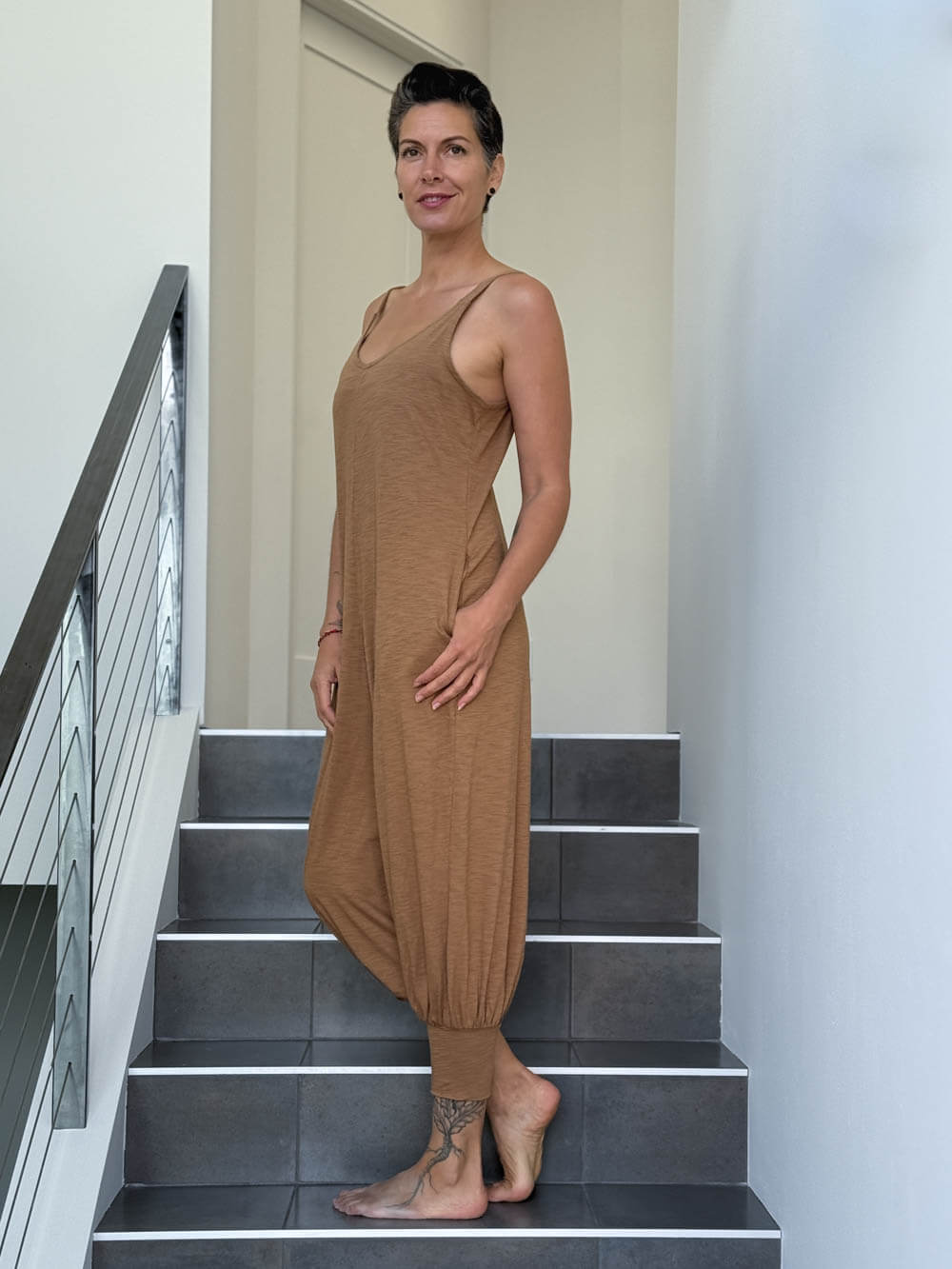 caraucci camel colored cotton one-piece jogger leg jumper #color_camel