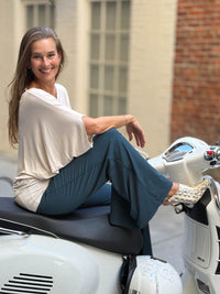 caraucci stretchy teal blue flare-leg pants #color_teal