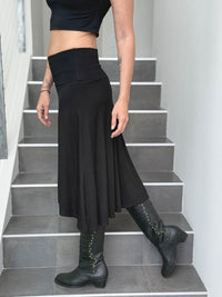 caraucci women's stretch jersey black convertible flared midi skirt #color_black