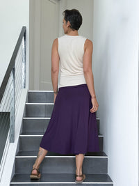 caraucci women's stretch jersey purple convertible high or low waisted flared midi skirt or dress #color_plum