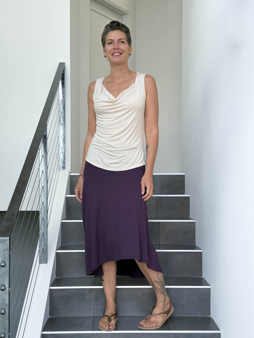 caraucci women's stretch jersey purple convertible high or low waisted flared midi skirt or dress #color_plum