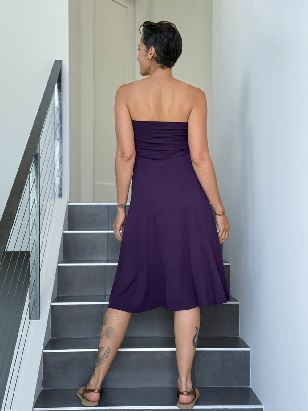 caraucci women's stretch jersey purple convertible high or low waisted flared midi dress #color_plum