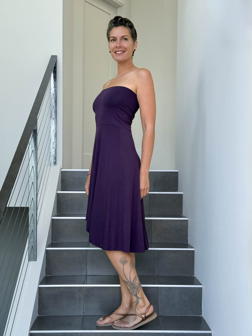 caraucci women's stretch jersey purple convertible high or low waisted flared midi dress #color_plum