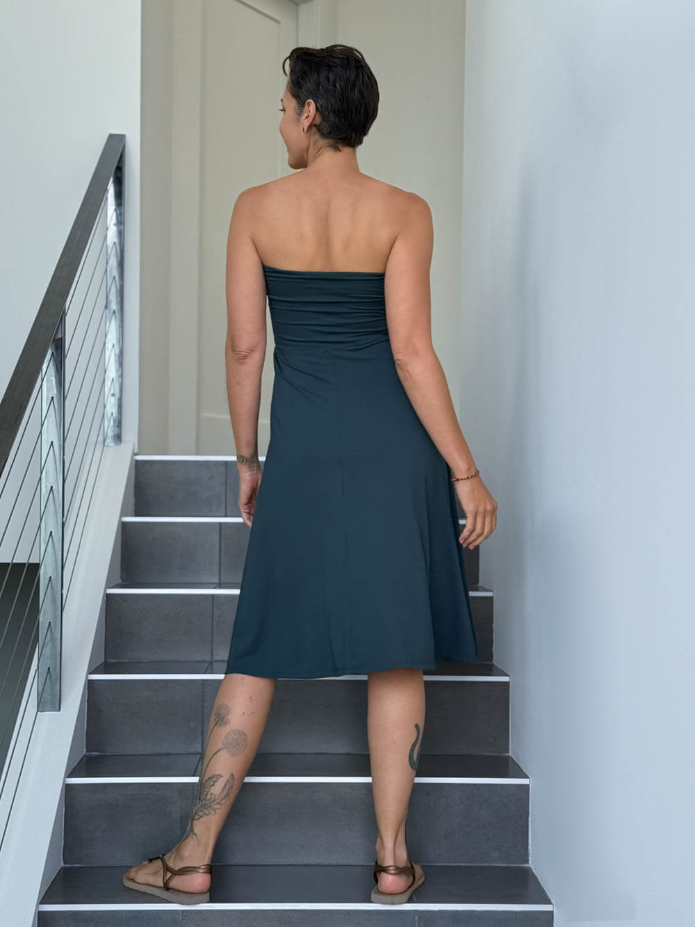 women's plant based rayon jersey stretchy teal blue midi skirt worn as a dress #color_teal