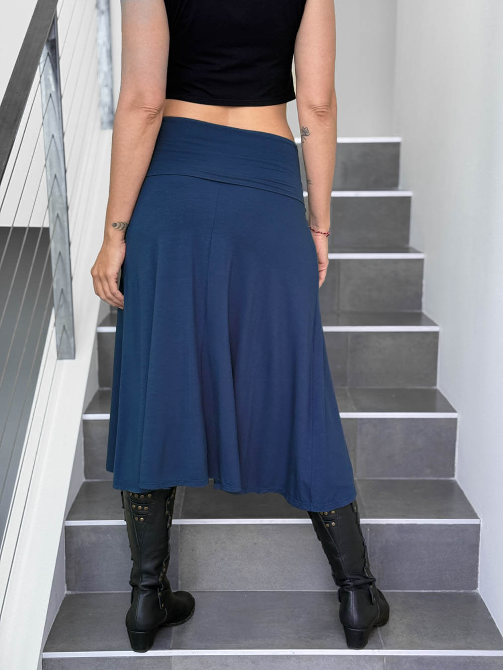 caraucci women's stretch jersey navy blue convertible flared midi skirt #color_navy