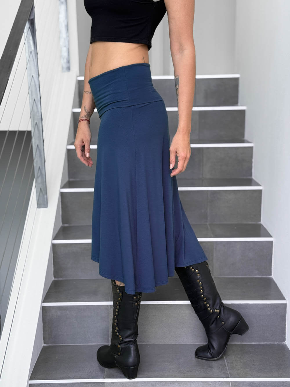 caraucci women's stretch jersey navy blue convertible flared midi skirt #color_navy