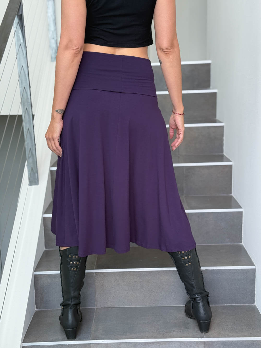 caraucci women's stretch jersey purple convertible high or low waisted flared midi skirt #color_plum