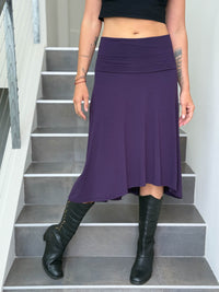 caraucci women's stretch jersey purple convertible high or low waisted flared midi skirt or dress #color_plum