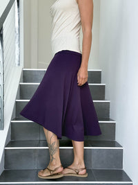 caraucci women's stretch jersey purple convertible high or low waisted flared midi skirt or dress #color_plum