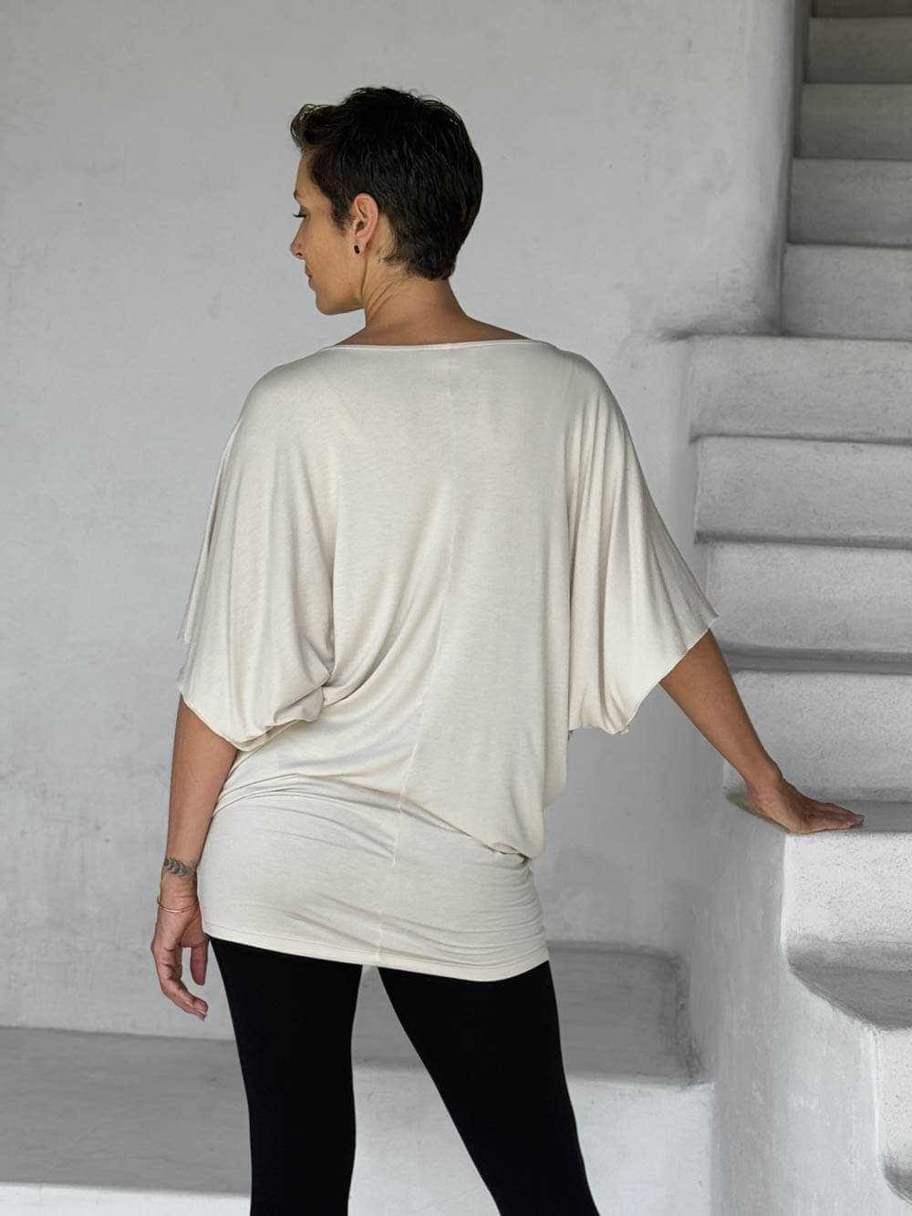 caraucci cream kimono tunic worn as a tunic with black leggings #color_cream
