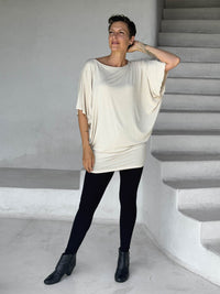 caraucci cream kimono tunic worn as a tunic with black leggings #color_cream