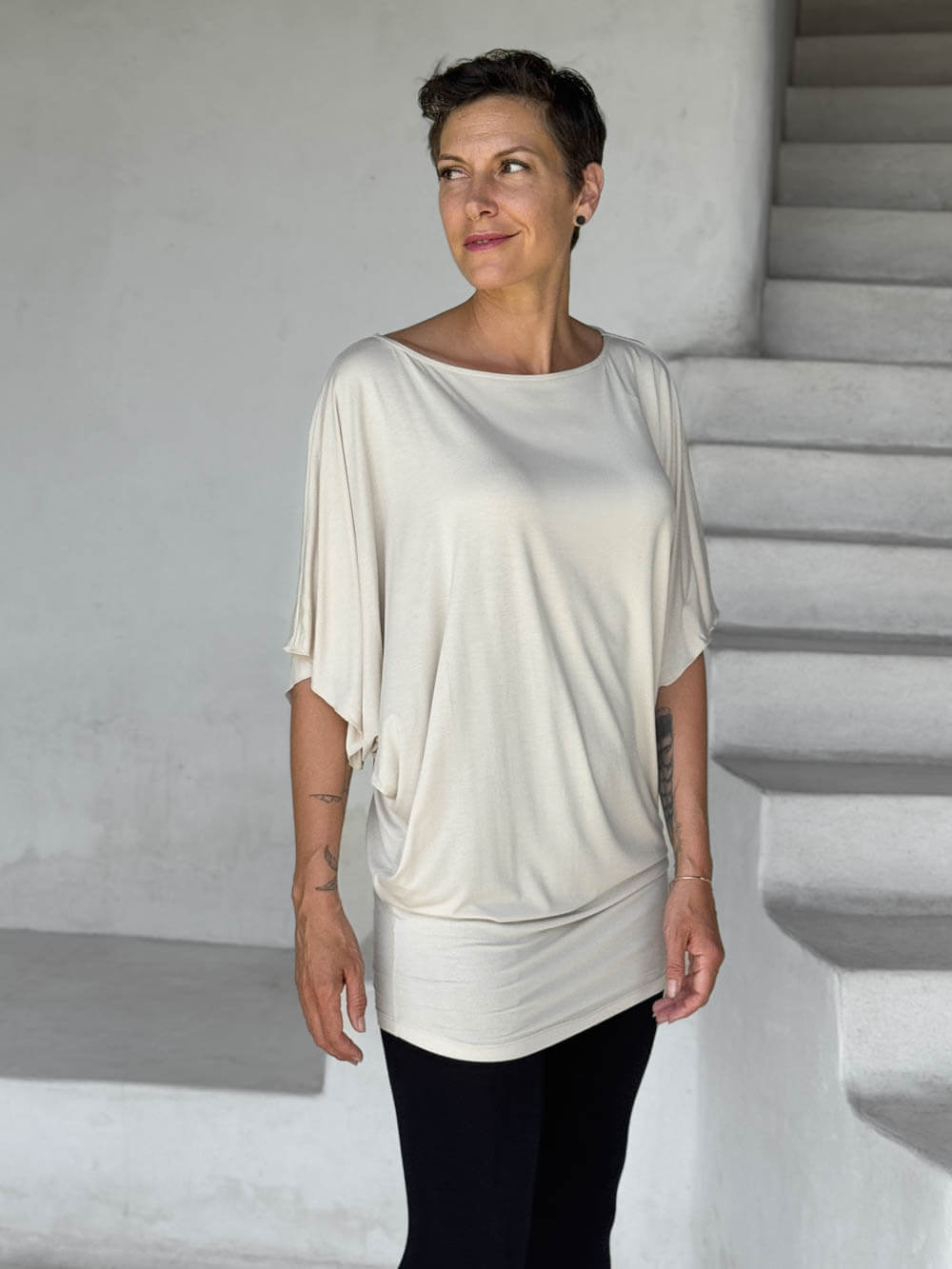 caraucci cream kimono tunic worn as a tunic with black leggings #color_cream