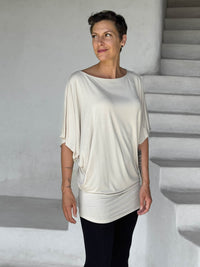 caraucci cream kimono tunic worn as a tunic with black leggings #color_cream