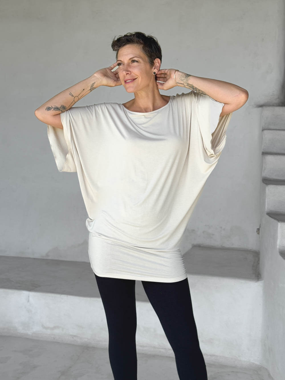 caraucci cream kimono tunic worn as a tunic with black leggings #color_cream
