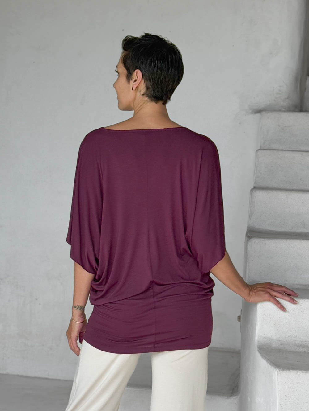 caraucci jam kimono tunic worn as a tunic with cream pants #color_jam