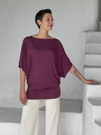 caraucci jam kimono tunic worn as a tunic with cream pants #color_jam