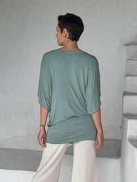 caraucci moss kimono tunic worn as a tunic with cream pants #color_moss