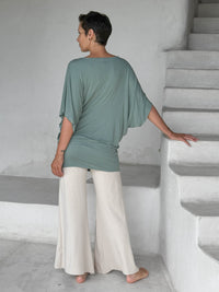 caraucci moss kimono tunic worn as a tunic with cream pants #color_moss