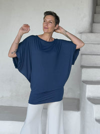 caraucci navy kimono tunic worn as a tunic with cream pants #color_navy